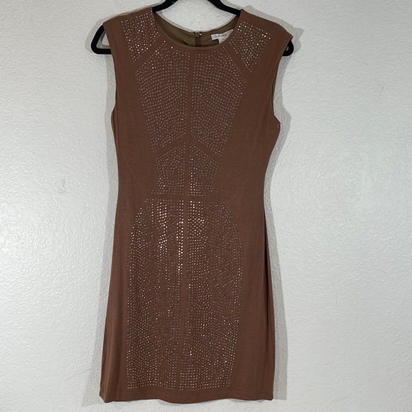 ESLEY Brown Sleeveless Mini Dress Studs Detailing Down The Front & Back Medium - Picture 1 of 8